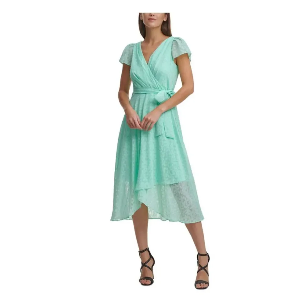 DKNY Womens Belted Flutter Sleeve Surplice Neckline Midi Party Faux Wrap Dress